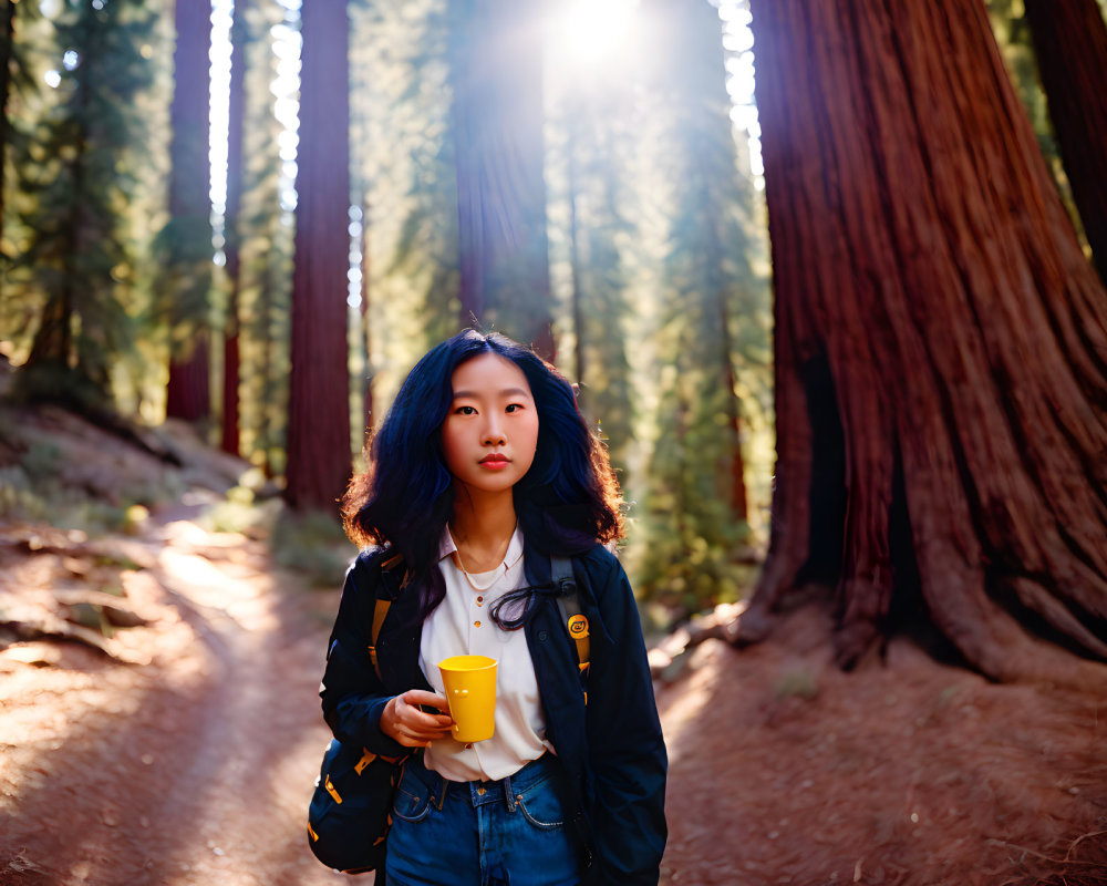 Young woman in forest holding yellow mug under sunlight.