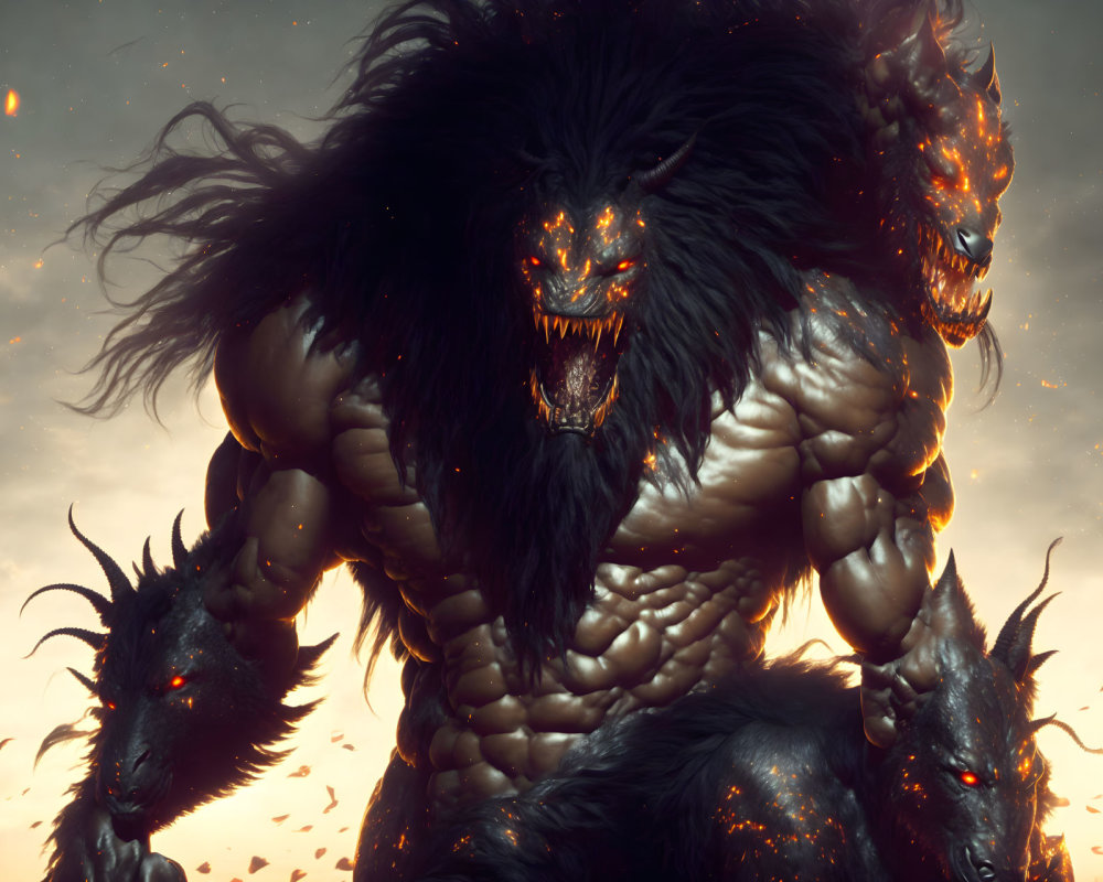 Three-Headed Monstrous Figure in Dramatic Setting