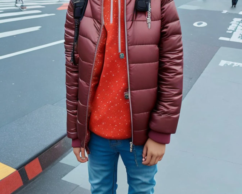 Young boy in red jacket on city walkway with backpack and banners.