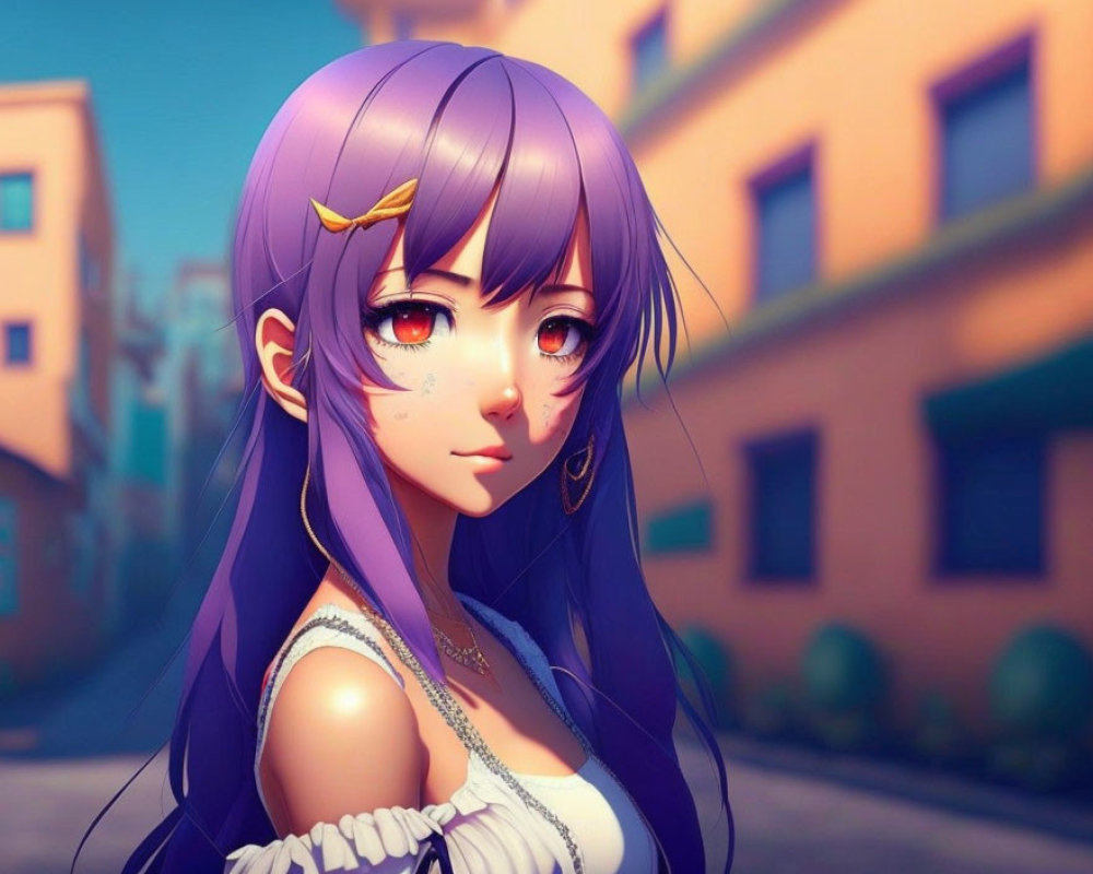 Anime girl digital art portrait with purple hair and amber eyes in city backdrop