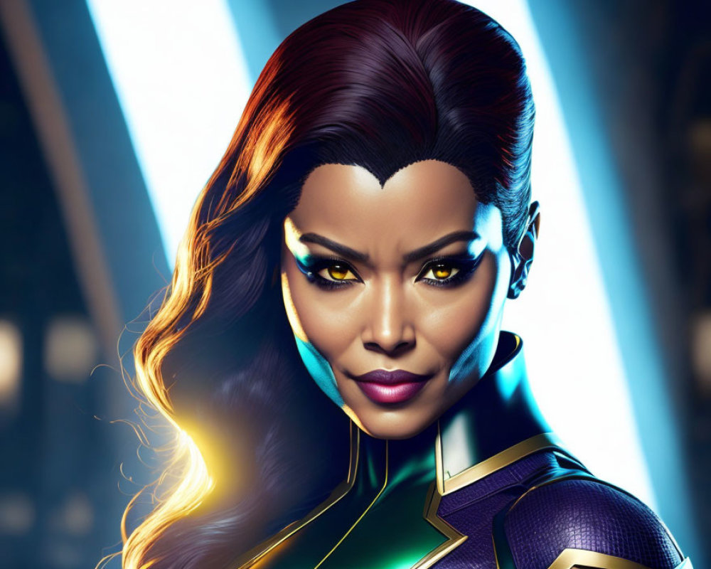 Vivid female superhero digital artwork with red hair and green costume