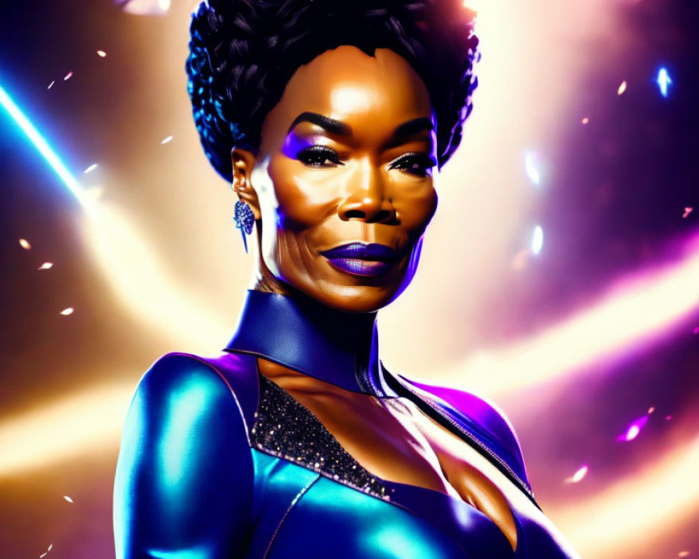 Futuristic digital illustration of a woman in blue outfit on vibrant background