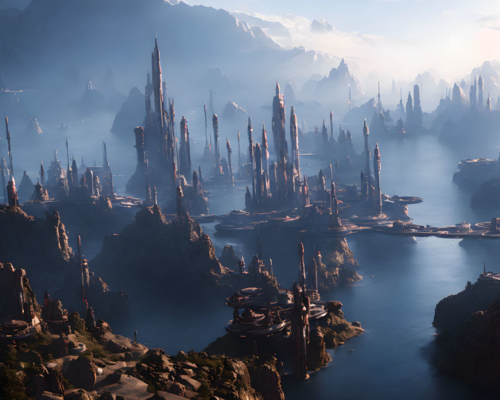 Futuristic cityscape with towering spires in rocky terrain