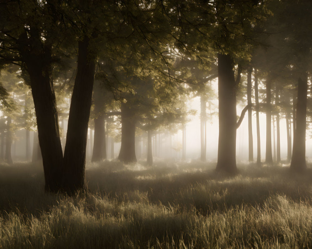 Tranquil forest landscape with mist, sunlight, and tall grass