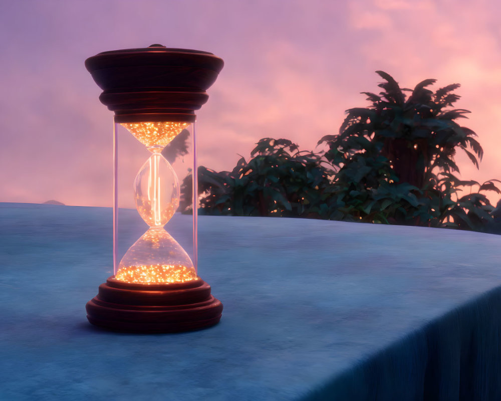 Illuminated hourglass with golden sand on purple-pink sky backdrop