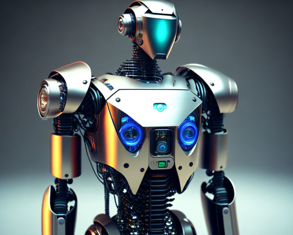 Metallic humanoid robot with blue lights and camera sensors.