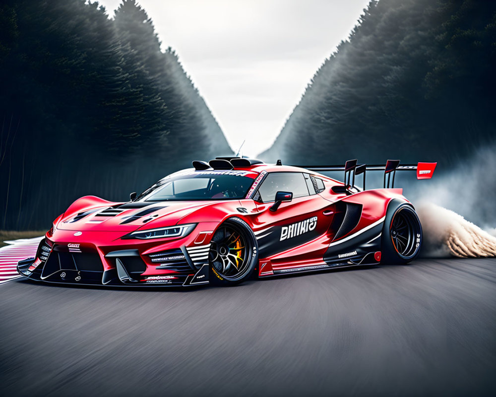 Red and Black Race Car Speeding on Track with Bold Graphics