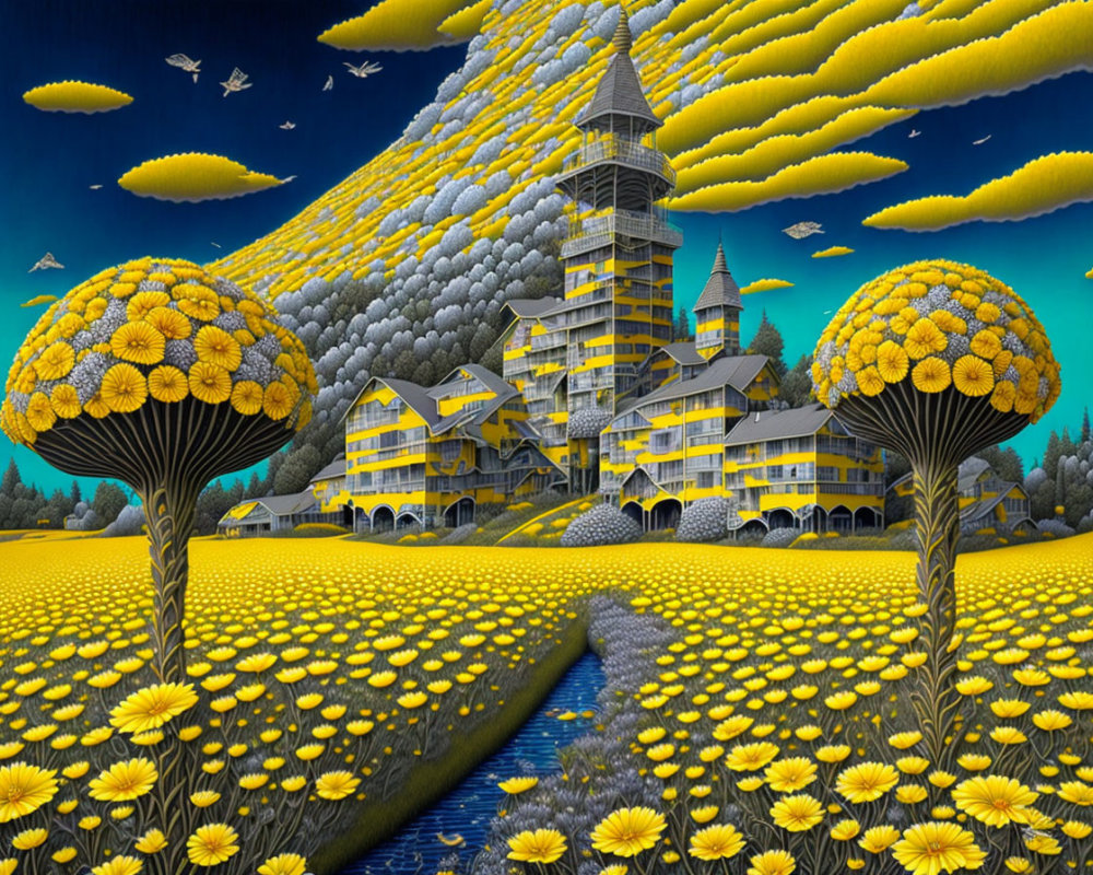 Castle-like Building Surrounded by Dandelion-Shaped Trees in Artistic Landscape