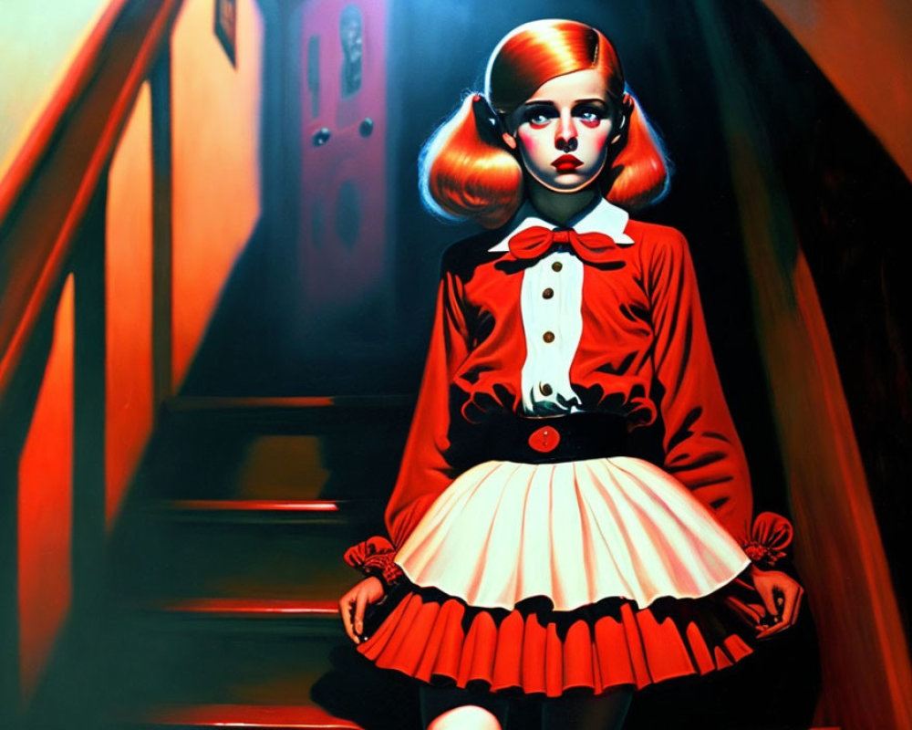 Young girl in red dress on staircase with dark backdrop