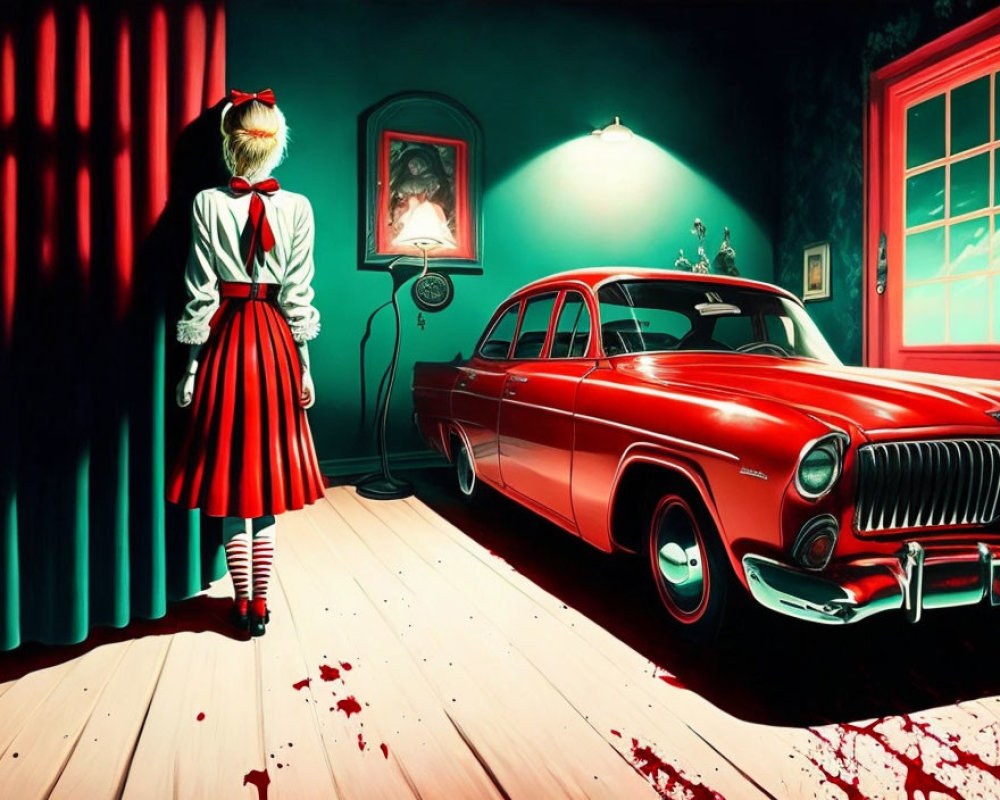 Woman in red-striped skirt and bow in surreal room with vintage car, eerie green lighting, and spooky