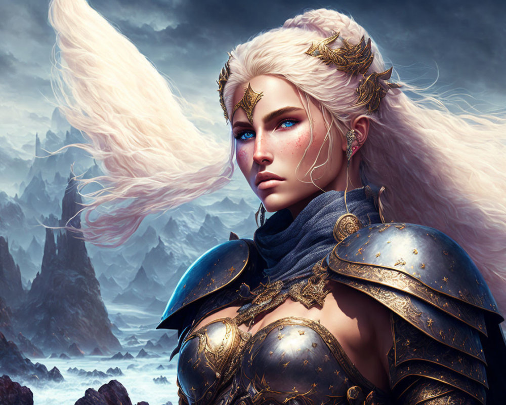 White-Haired Fantasy Warrior Woman in Blue Armor with Golden Crown against Stormy Mountain Backdrop