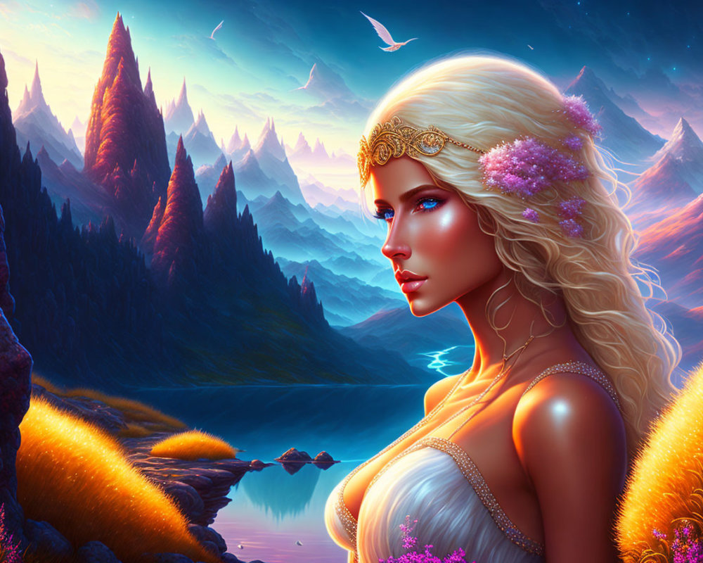 Blonde woman with golden headpiece in fantasy landscape.