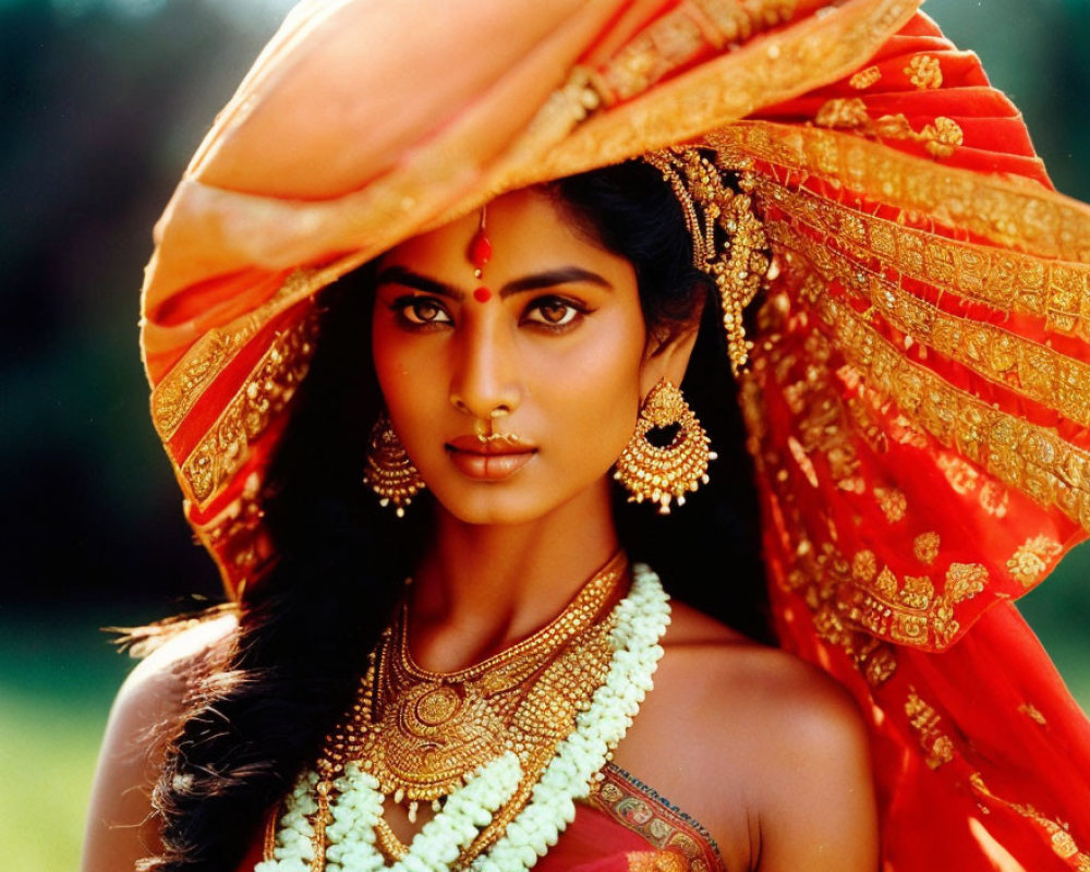 Traditional Indian Attire Woman in Vibrant Orange Saree