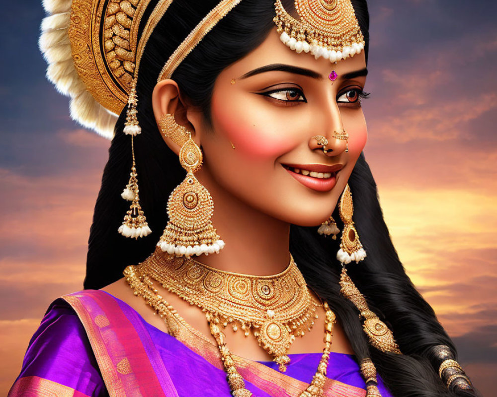 Digital art portrait of woman in traditional Indian attire with sunset sky.