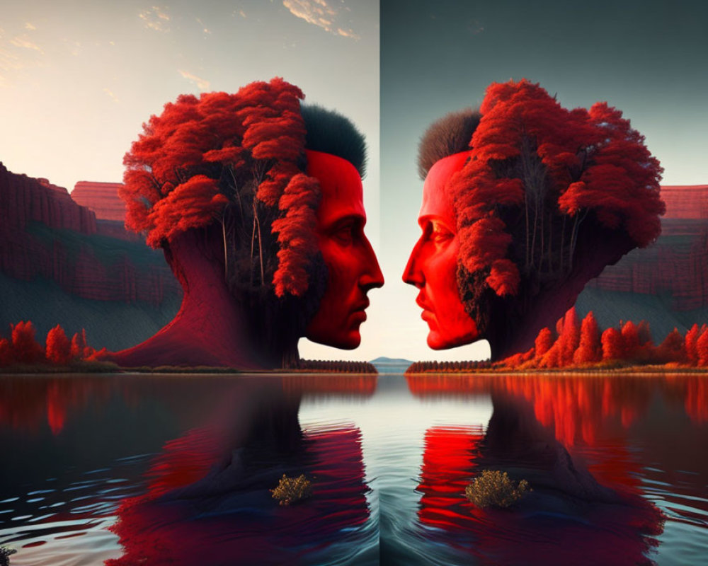 Symmetrical profile artwork with tree hair reflected in water on red landscape.
