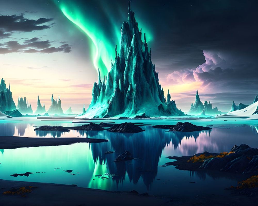 Mystical landscape with towering spike-like mountain and aurora borealis over serene water.