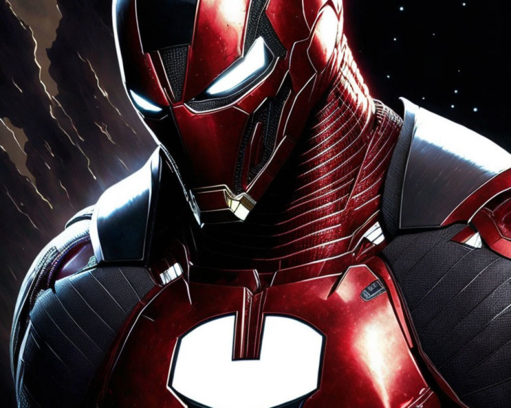 Red and Gold High-Tech Armored Character in Space