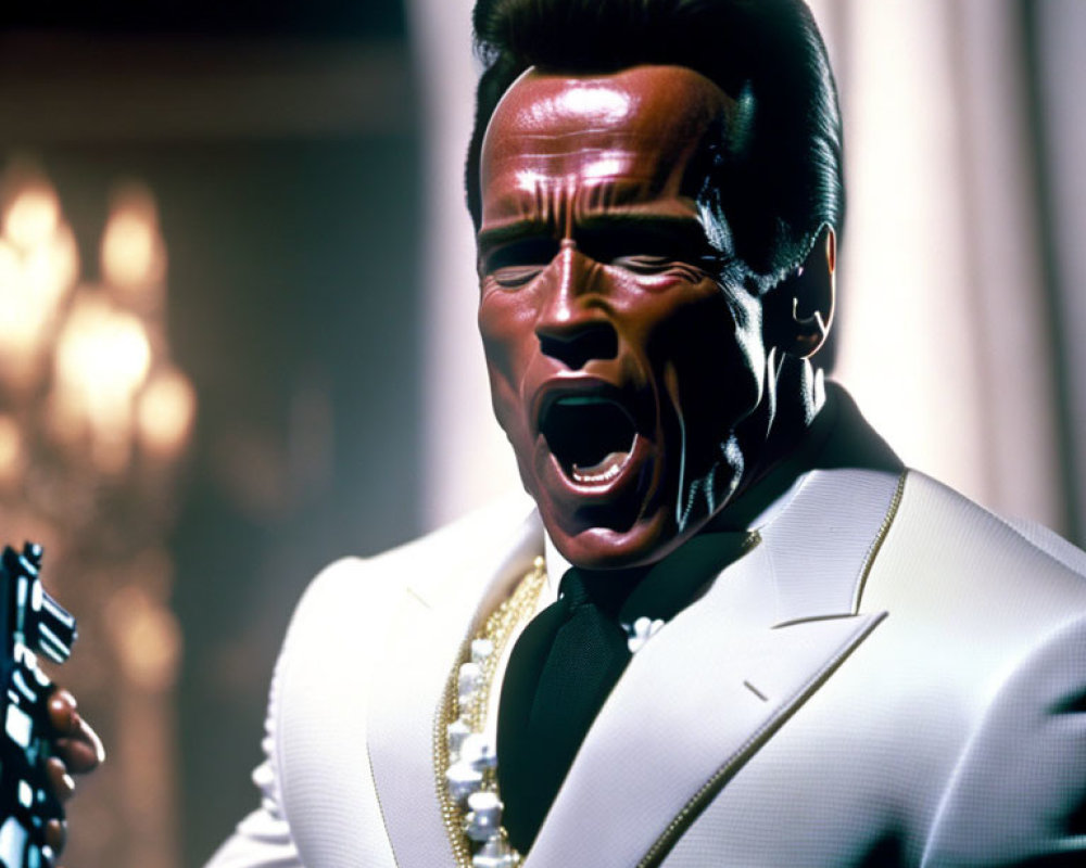 Man in White Suit with Gold Chain Holding Microphone Looks Shocked