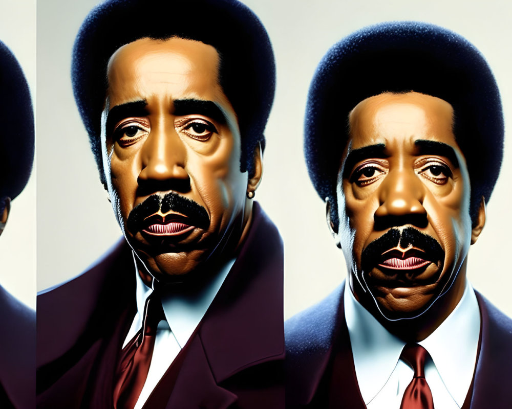 Stylized portraits of a man with afro, mustache, and suit