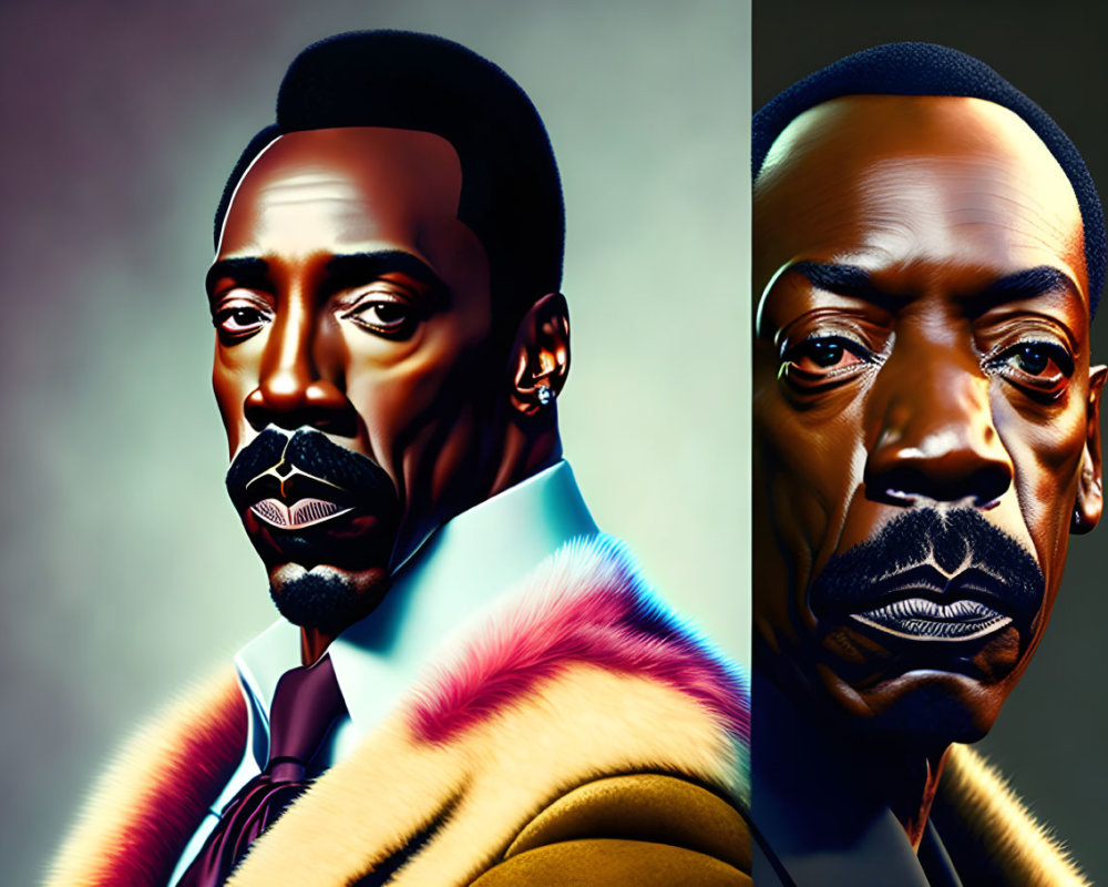 Stylized digital artwork of a man with bold colors and serious expressions