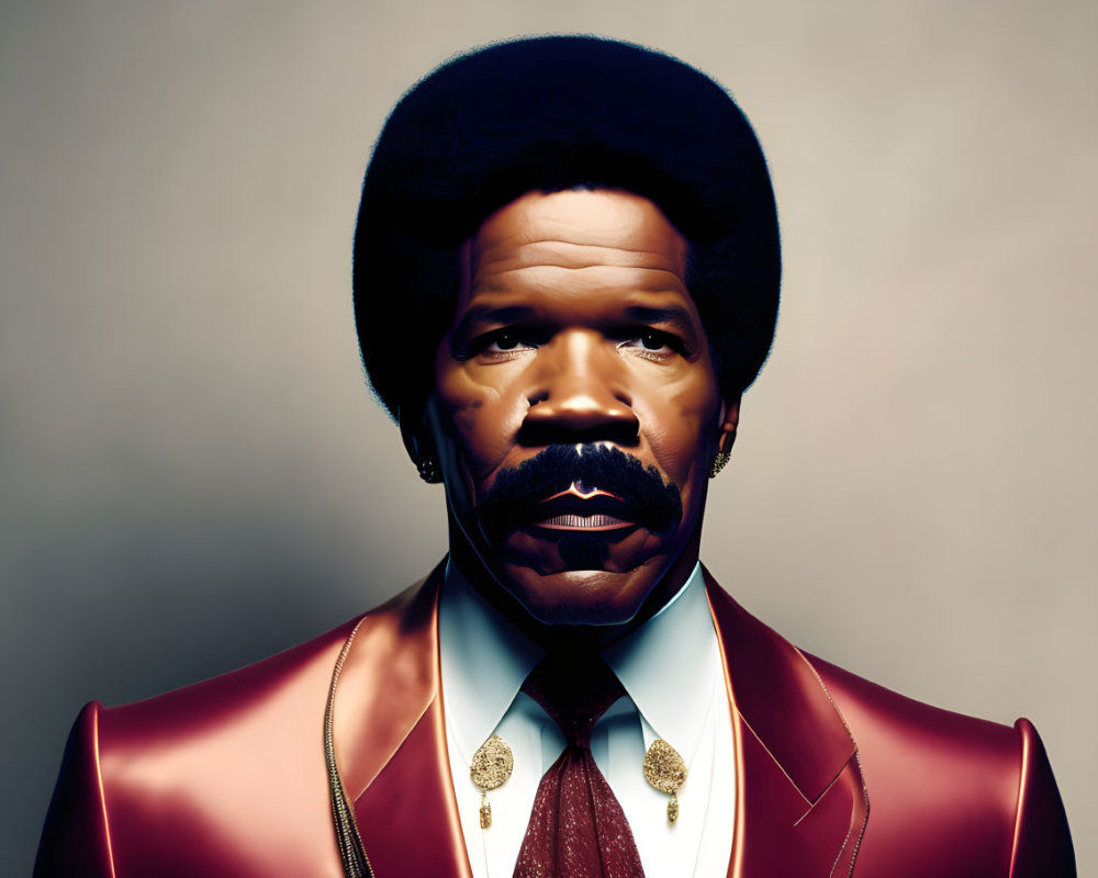 Man with Afro and Mustache in Red Suit and Gold Necklace on Beige Background