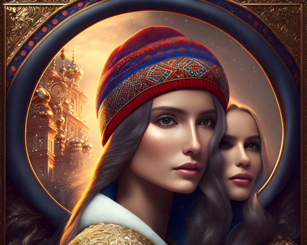 Digital artwork: Woman in vibrant knitted hat with reflective profile, ornate architecture backdrop