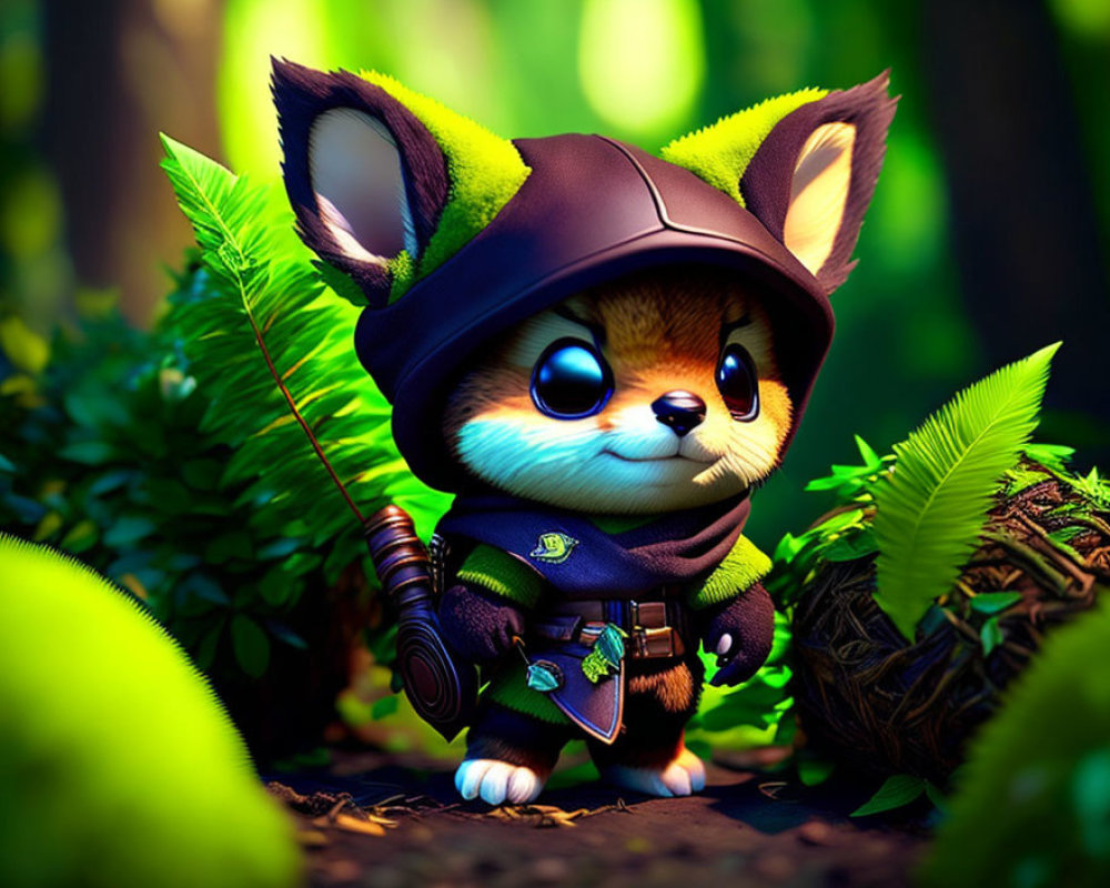 Animated fox-like creature in cloak with staff among lush greenery