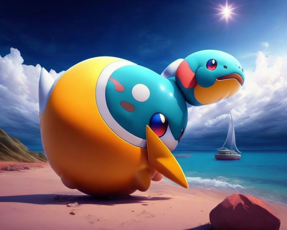 Colorful bird-like creatures on beach with sun and sailboat