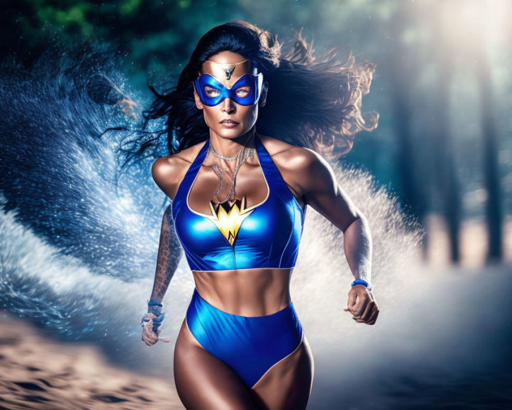 Woman in Wonder Woman-inspired sporty costume running in forest beam