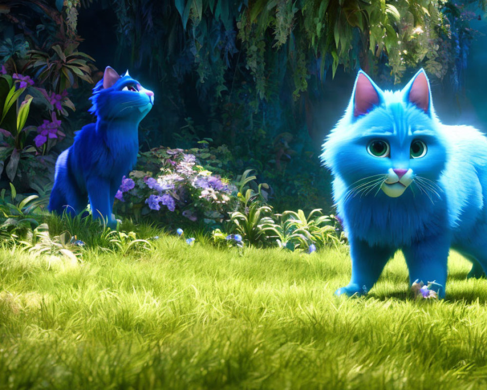 Vibrant Blue Cats in Lush Green Garden with Flowers