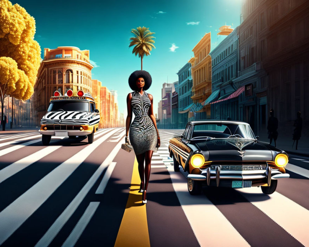 Stylized image of woman with afro crossing zebra-striped street amid vintage cars and retro-f
