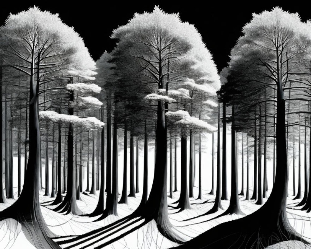 Monochrome forest scene with snow-capped trees and long shadows