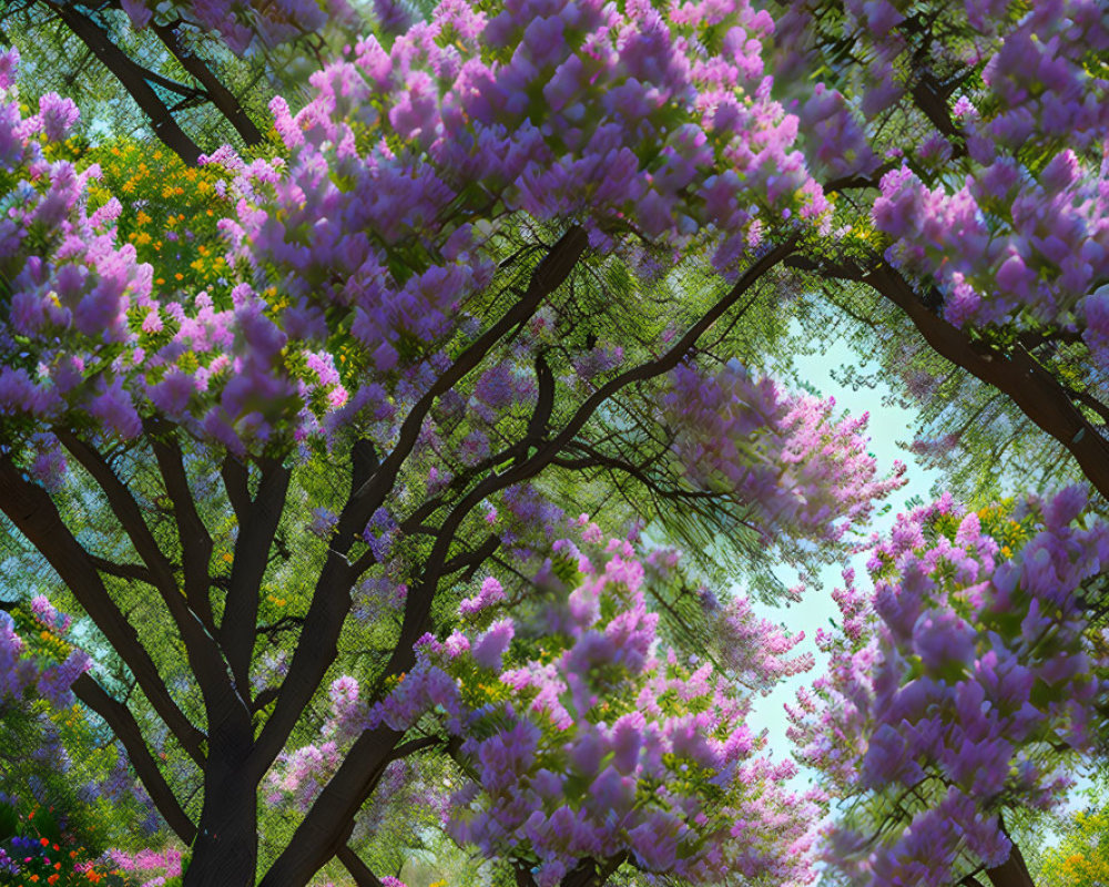 Lush Green Trees and Purple Flowers in Vibrant Garden Path