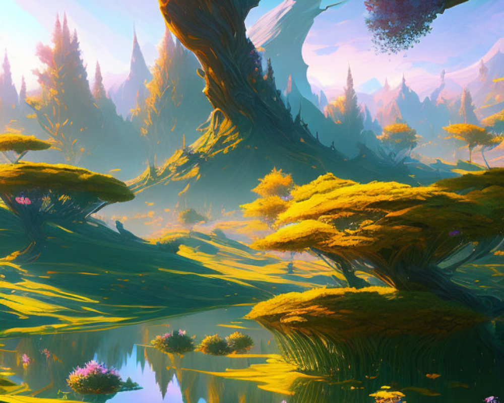 Colorful fantasy landscape with large tree, reflective water, and distant mountains