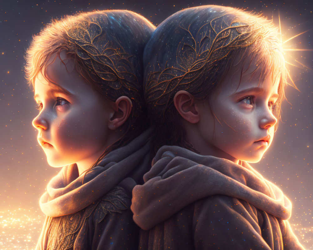 Children with Glowing Hair Patterns in Starry Scene