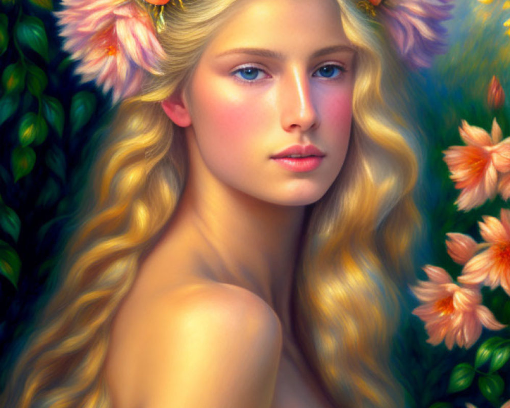 Serene Young Woman with Floral Crown in Lush Setting
