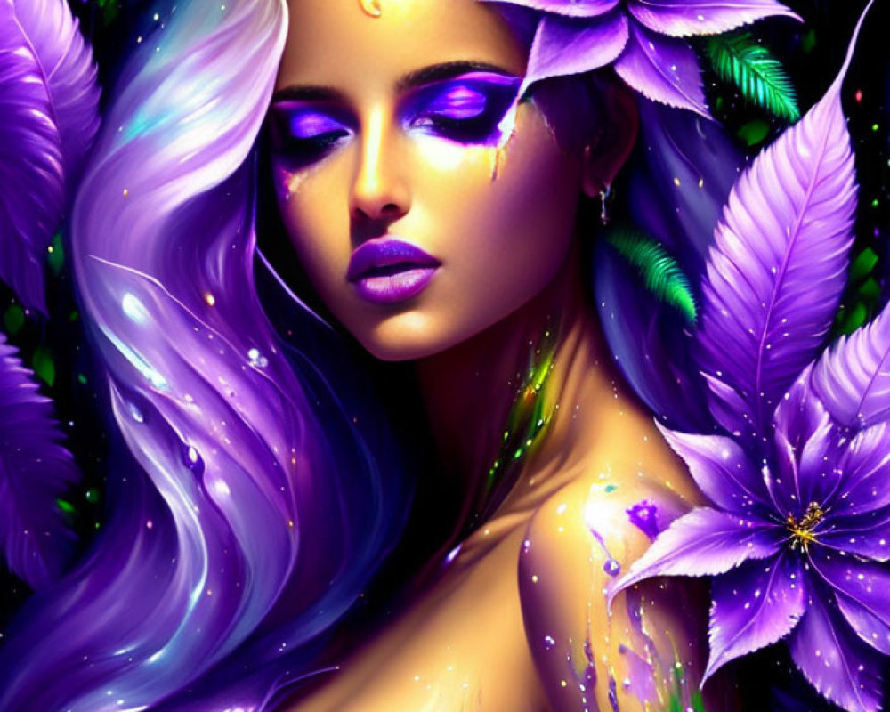 Mystical Woman with Silver Hair and Purple Flowers