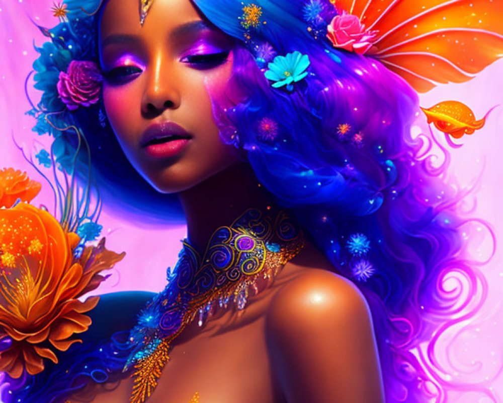 Fantasy Portrait of Woman with Colorful Hair and Wings