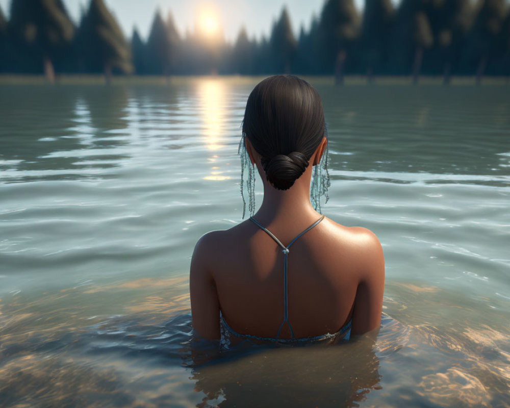 Person with Bun Hairstyle Relaxing in Lake at Sunset
