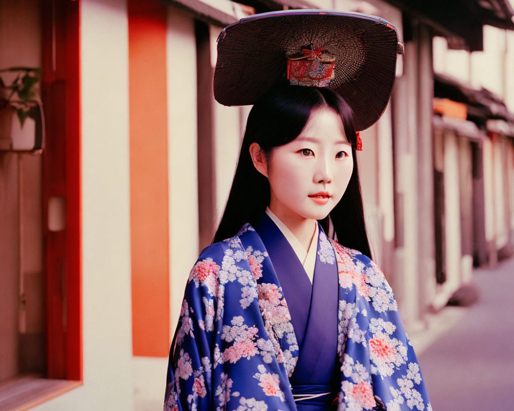 Traditional Japanese Attire Figure with Large Black Hat in Front of Red and White Building