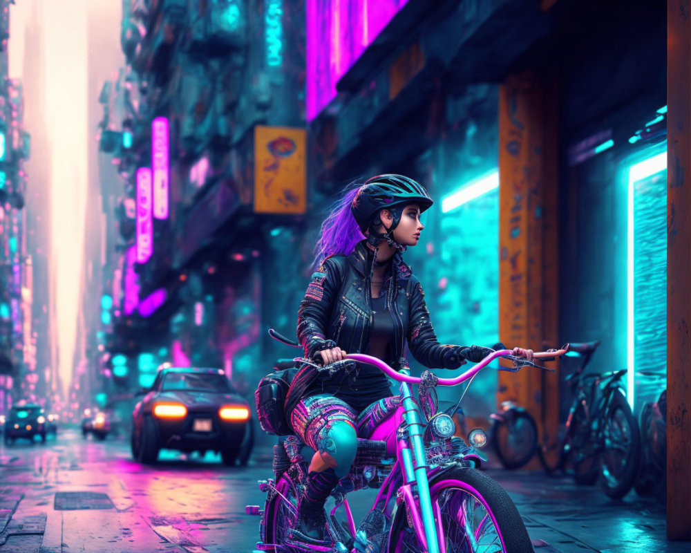 Woman with dyed hair rides bicycle in neon-lit urban setting