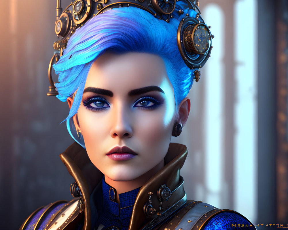 Vivid blue hair and ornate steampunk attire on female character