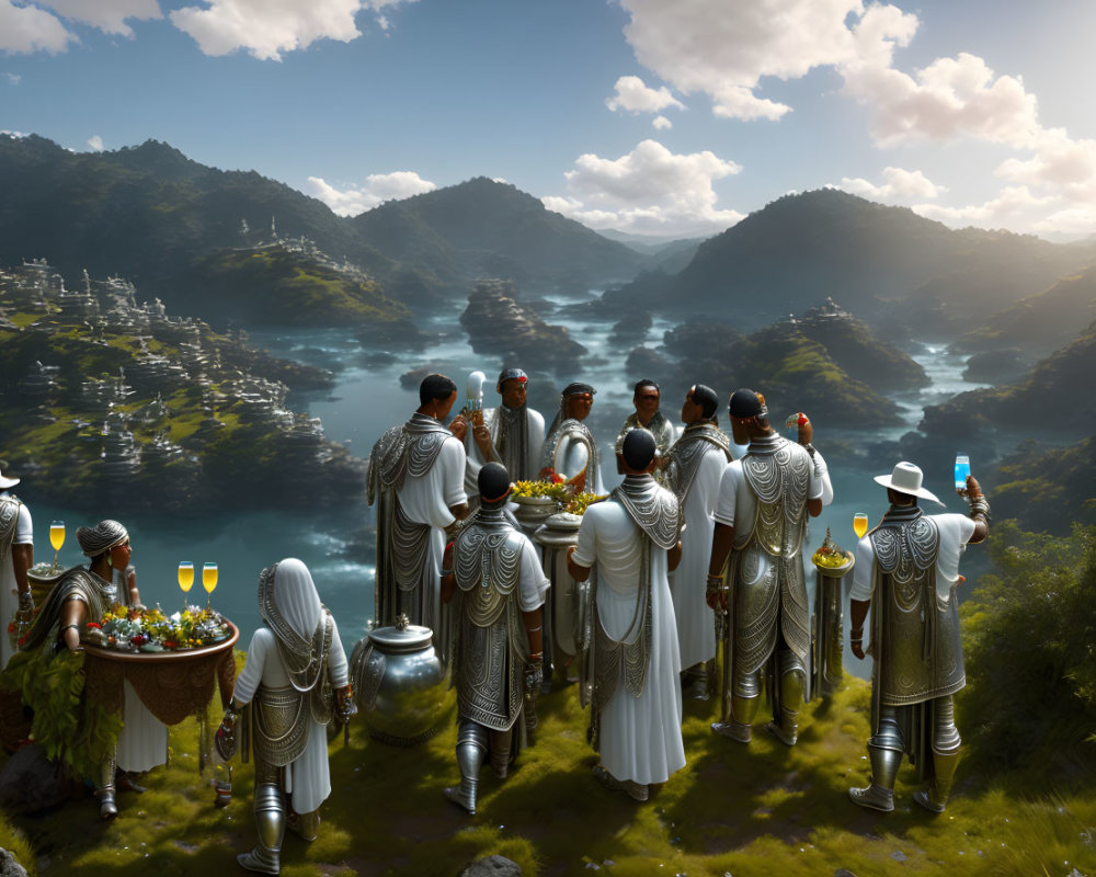 Ceremonial Attire Group Overlooking Majestic Valley with Lakes