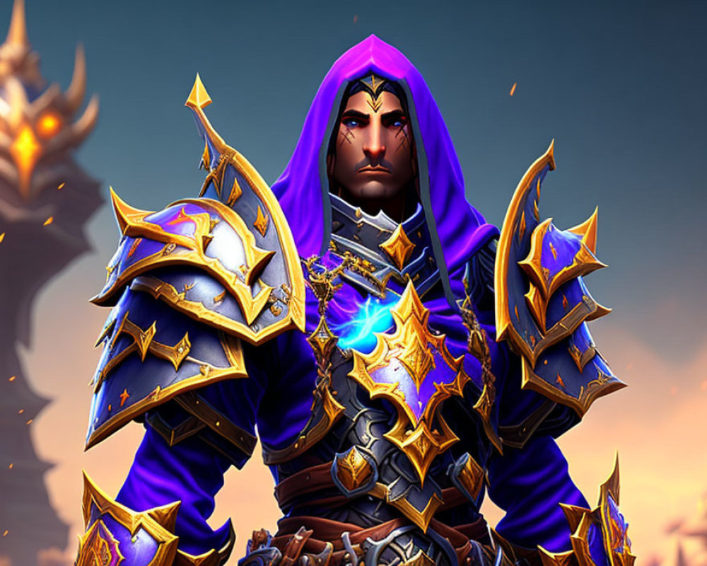 Armored fantasy character in purple robes and golden trim on orange backdrop