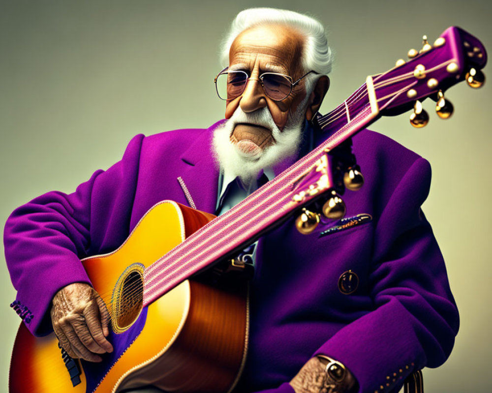 Elderly man in purple suit smiling with guitar
