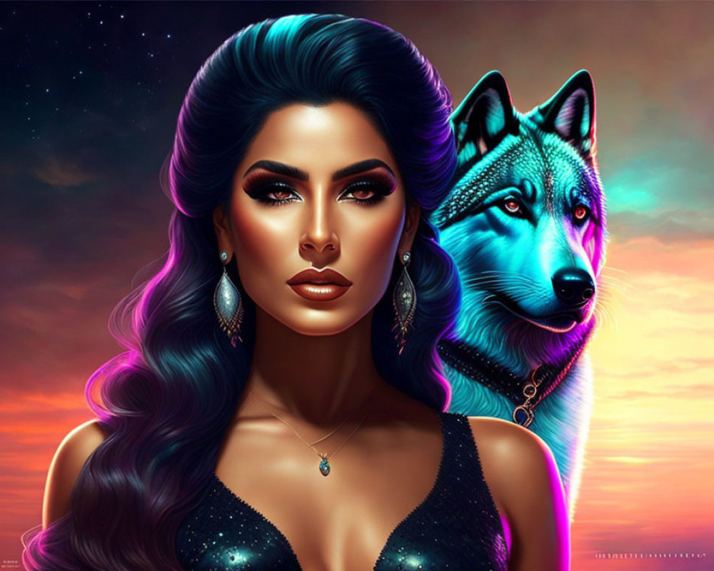 Digital artwork of woman with striking makeup and wolf under colorful, starry sky