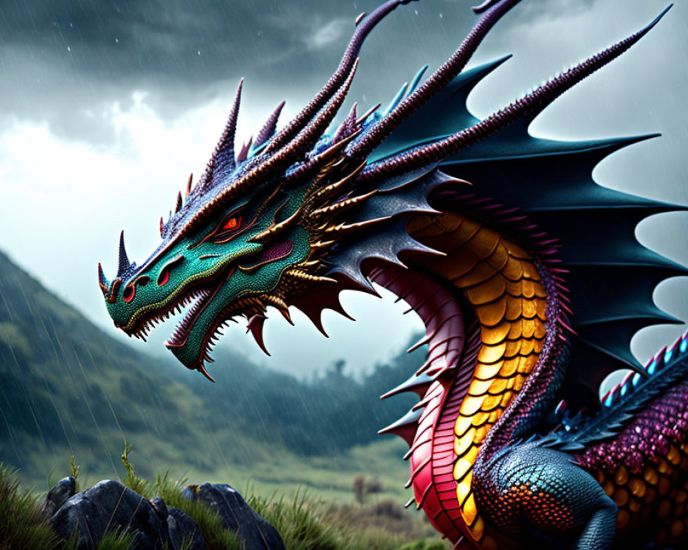 Vibrant dragon with sharp scales and horns in rainy setting