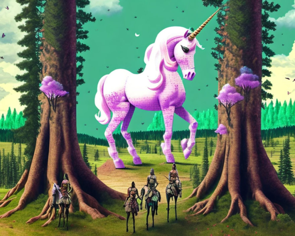 Mythical purple unicorn with golden horn in forest with knights