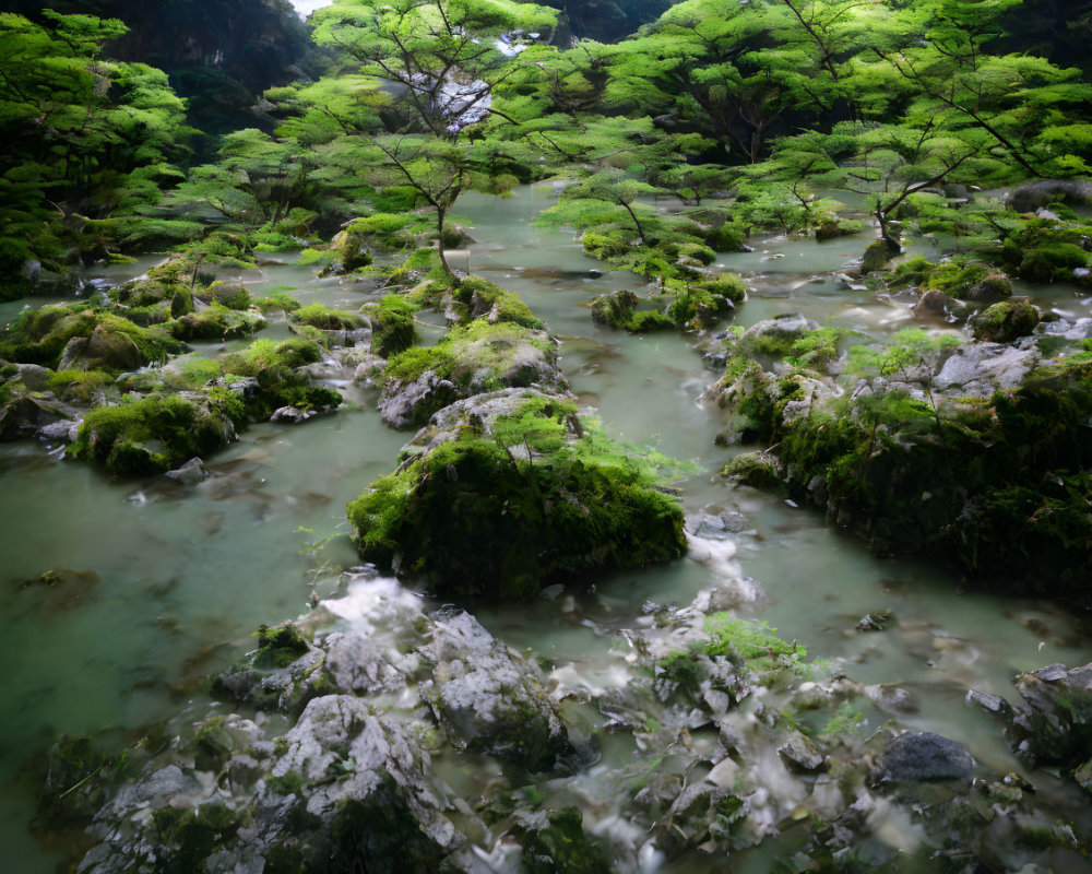 Tranquil moss-covered landscape with rocks and misty waters