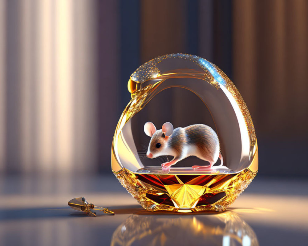 Mouse in ornate golden perfume bottle with crystal base and cap on reflective surface